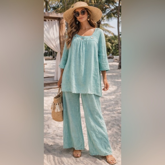 Match point Pants - Match Point Teal 100% Linen Pantsuit Tunic Relaxed Fit Resort Lagenlook Club XL